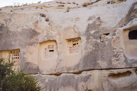 Beautiful stunning view of the mountains of Cappadocia and cave houses. Turkey.