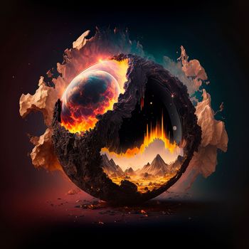 Red mountains, flashes and cracks on the surface. Gloomy sky. Magma and lava spread over the mountains. Lava world collection. High quality illustration