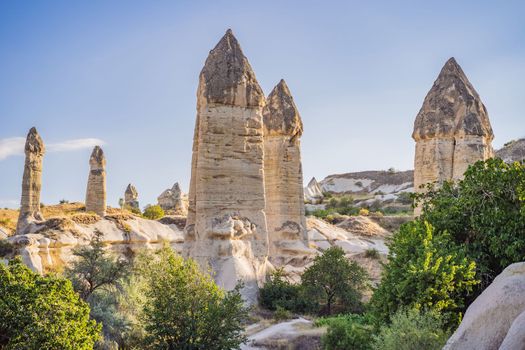 Unique geological formations in Love Valley in Cappadocia, popular travel destination in Turkey.