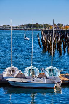 Image of Trio of small white boats on dock with old pilings in background