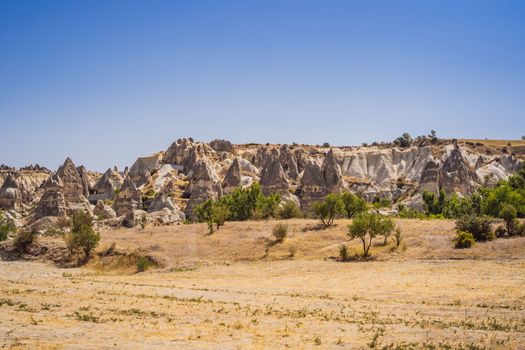 Unique geological formations in Love Valley in Cappadocia, popular travel destination in Turkey.