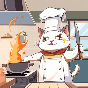 Cartoon image of a cook's cat in a chef's hat, who cooks something in the kitchen, cartoon. High quality illustration