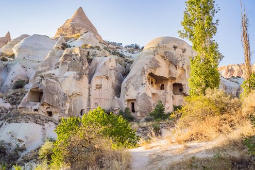 Beautiful stunning view of the mountains of Cappadocia and cave houses. Turkey.