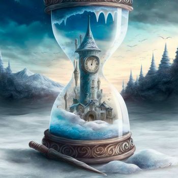 A magical hourglass with unusual sand in which time has stopped. High quality illustration