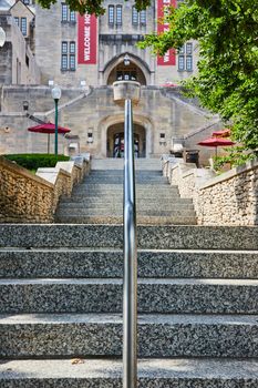 Image of Limestone steps lead to campus bookstore in Bloomington Indiana