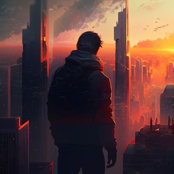 a man on top of skyscrapers looking at the city in the sunset rays. High quality illustration