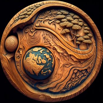 Planet Earth with reservoirs and continents carved out of wood. High quality illustration