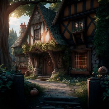 Cozy fairytale town in fantasy style. High quality illustration