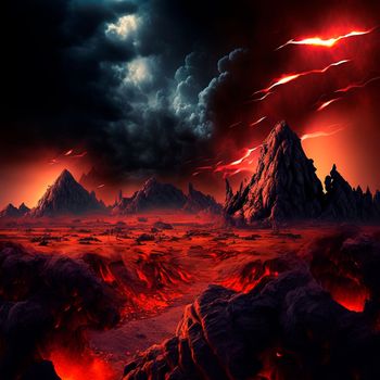 Red mountains, flashes and cracks on the surface. Gloomy sky. Magma and lava spread over the mountains. Lava world collection. High quality illustration