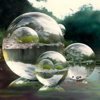 Transparent water spheres against a stunning backdrop of mountains and water. Reflection of the landscape and elements inside the spheres. High quality illustration