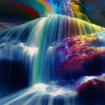 mountain stream with water shimmering with rainbow colors. High quality illustration