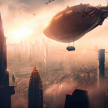 Steampunk airship flies over a modern city. High quality illustration