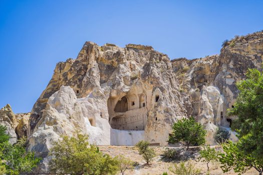 Beautiful stunning view of the mountains of Cappadocia and cave houses. Turkey.