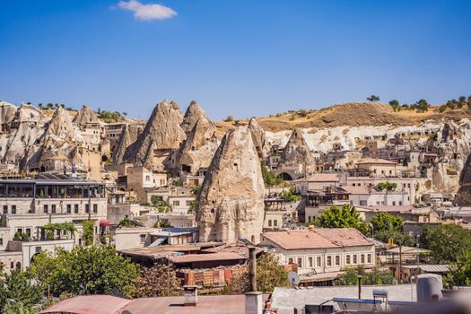 Beautiful stunning view of the mountains of Cappadocia and cave houses. Turkey.