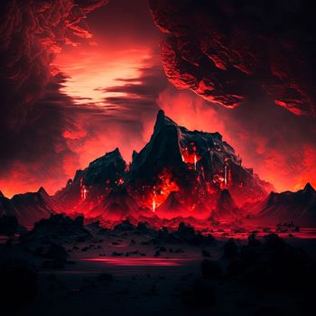 Red mountains, flashes and cracks on the surface. Gloomy sky. Magma and lava spread over the mountains. Lava world collection. High quality illustration