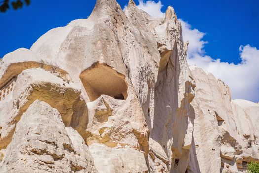 Beautiful stunning view of the mountains of Cappadocia and cave houses. Turkey.