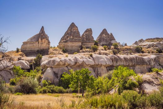 Unique geological formations in Love Valley in Cappadocia, popular travel destination in Turkey.