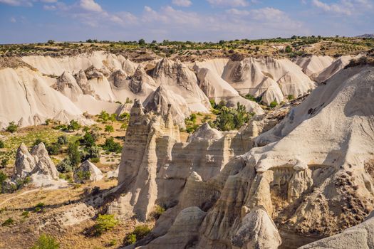 Unique geological formations in Love Valley in Cappadocia, popular travel destination in Turkey.