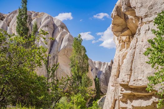 Beautiful stunning view of the mountains of Cappadocia and cave houses. Turkey.