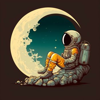 Cartoon image of an astronaut sitting on a moon. High quality illustration