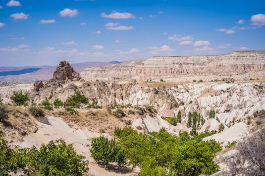 Beautiful stunning view of the mountains of Cappadocia and cave houses. Turkey.