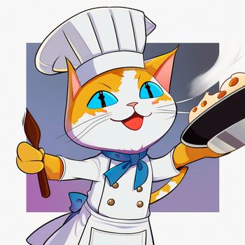 Cartoon image of a cook's cat in a chef's hat, who cooks something in the kitchen, cartoon. High quality illustration