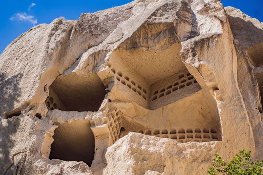 Beautiful stunning view of the mountains of Cappadocia and cave houses. Turkey.