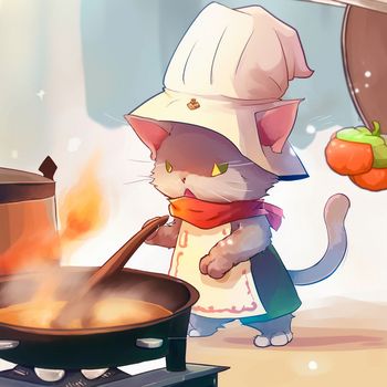 Cartoon image of a cook's cat in a chef's hat, who cooks something in the kitchen, cartoon. High quality illustration