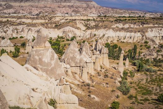 Unique geological formations in Love Valley in Cappadocia, popular travel destination in Turkey.