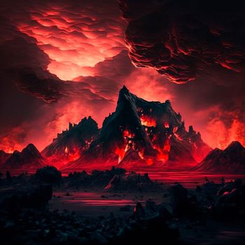 Red mountains, flashes and cracks on the surface. Gloomy sky. Magma and lava spread over the mountains. Lava world collection. High quality illustration