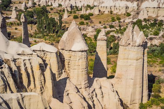 Unique geological formations in Love Valley in Cappadocia, popular travel destination in Turkey.