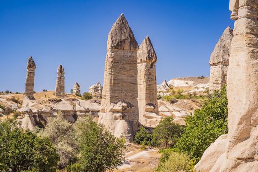 Unique geological formations in Love Valley in Cappadocia, popular travel destination in Turkey.