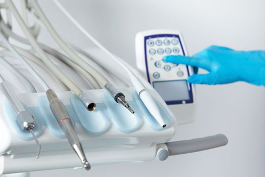 Dental health care concept background - Different stomatology instruments and tools in a dentists office