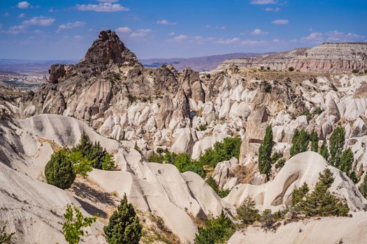 Beautiful stunning view of the mountains of Cappadocia and cave houses. Turkey.