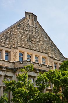Image of Detail of limestone architecture of college campus building in Bloomington