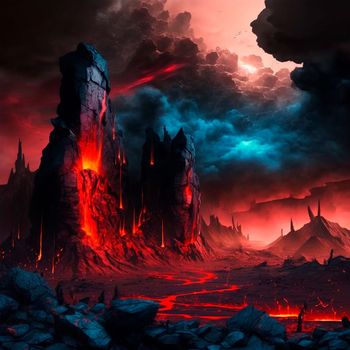 Red mountains, flashes and cracks on the surface. Gloomy sky. Magma and lava spread over the mountains. Lava world collection. High quality illustration