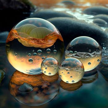 Transparent water spheres against a stunning backdrop of mountains and water. Reflection of the landscape and elements inside the spheres. High quality illustration