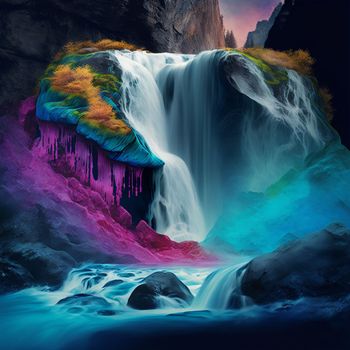 mountain stream with water shimmering with rainbow colors. High quality illustration