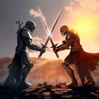 epic cinematic battle of two warriors in armor. High quality illustration