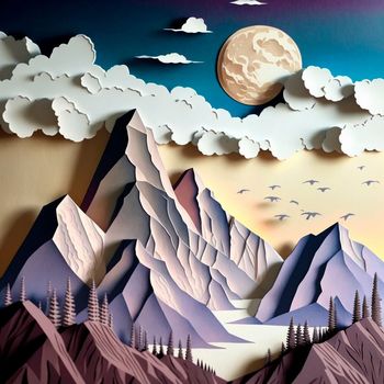 multi-layered crafts made of paper. Mountains, trees, forest and clouds. High quality illustration