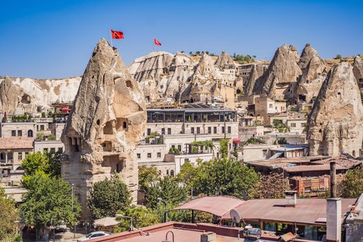 Beautiful stunning view of the mountains of Cappadocia and cave houses. Turkey.