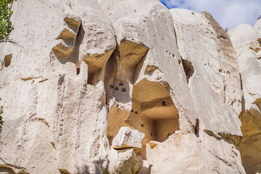 Beautiful stunning view of the mountains of Cappadocia and cave houses. Turkey.