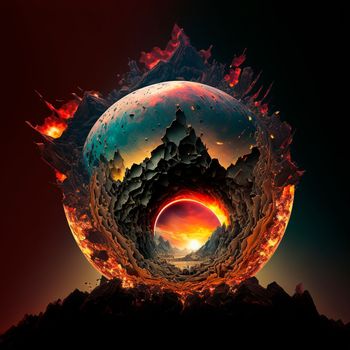 Red mountains, flashes and cracks on the surface. Gloomy sky. Magma and lava spread over the mountains. Lava world collection. High quality illustration