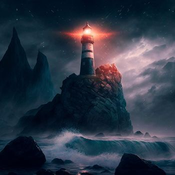 Lighthouse on a rock in stormy weather. High quality illustration