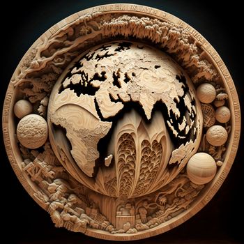 Planet Earth with reservoirs and continents carved out of wood. High quality illustration