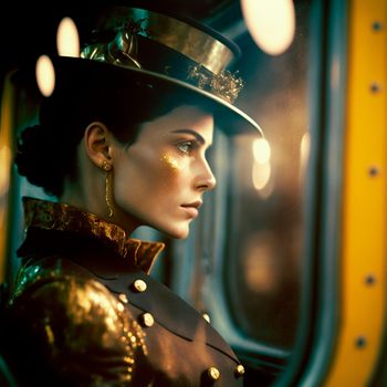The woman is on the train. Cyberpunk art. High quality illustration