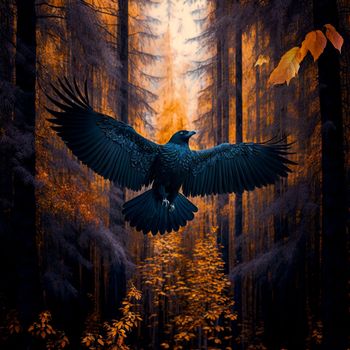 A raven soaring in the autumn forest. High quality illustration