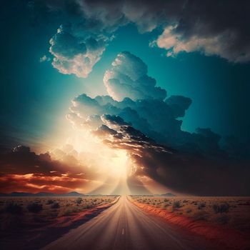 Stunningly beautiful view of the road and the sky, the road going to the sky. Symbolism of the life path. High quality illustration