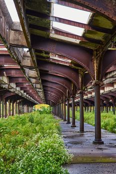 Image of Overgrowth fills old abandoned outside train station with rusting steel
