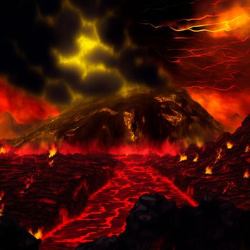 Red mountains, flashes and cracks on the surface. Gloomy sky. Magma and lava spread over the mountains. Lava world collection. High quality illustration